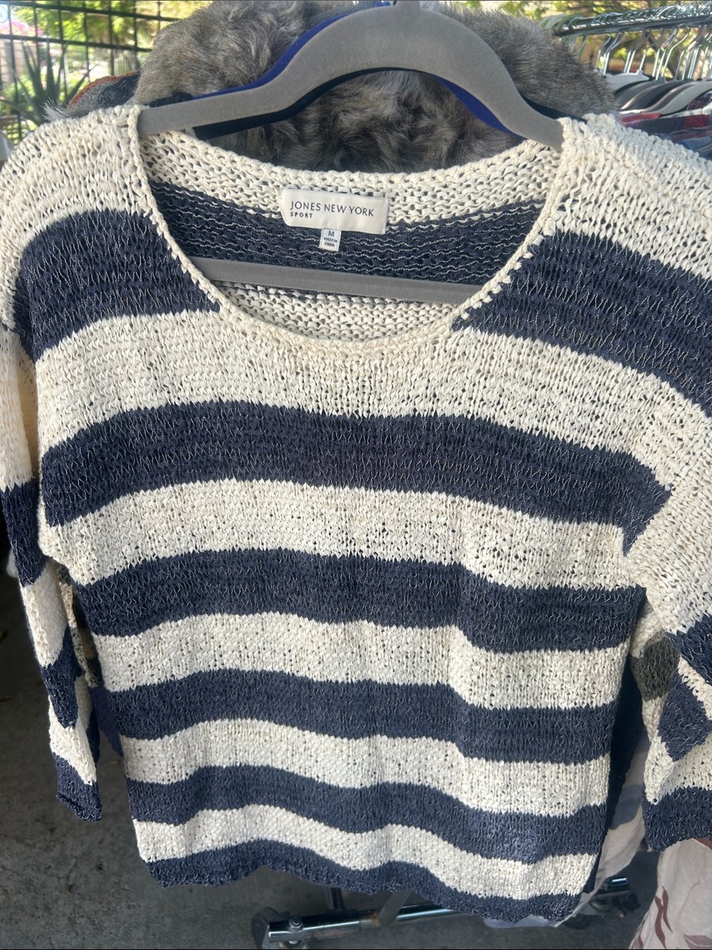 Jones New York Navy and Cream Striped Crewneck Sweater